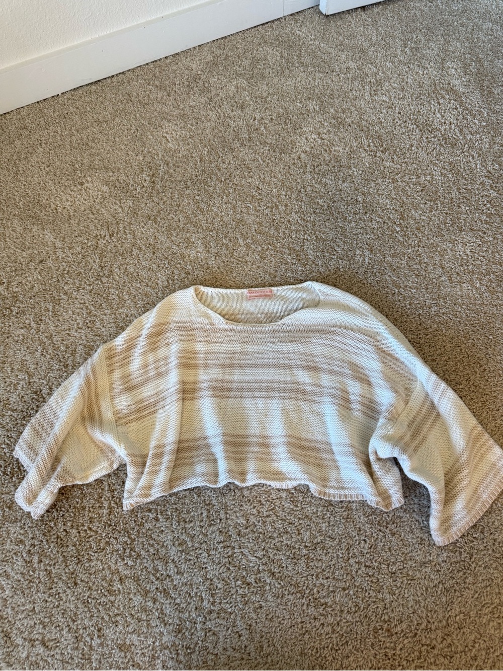Urban Outfitters Cream and Tan Striped Cropped Knit Sweater